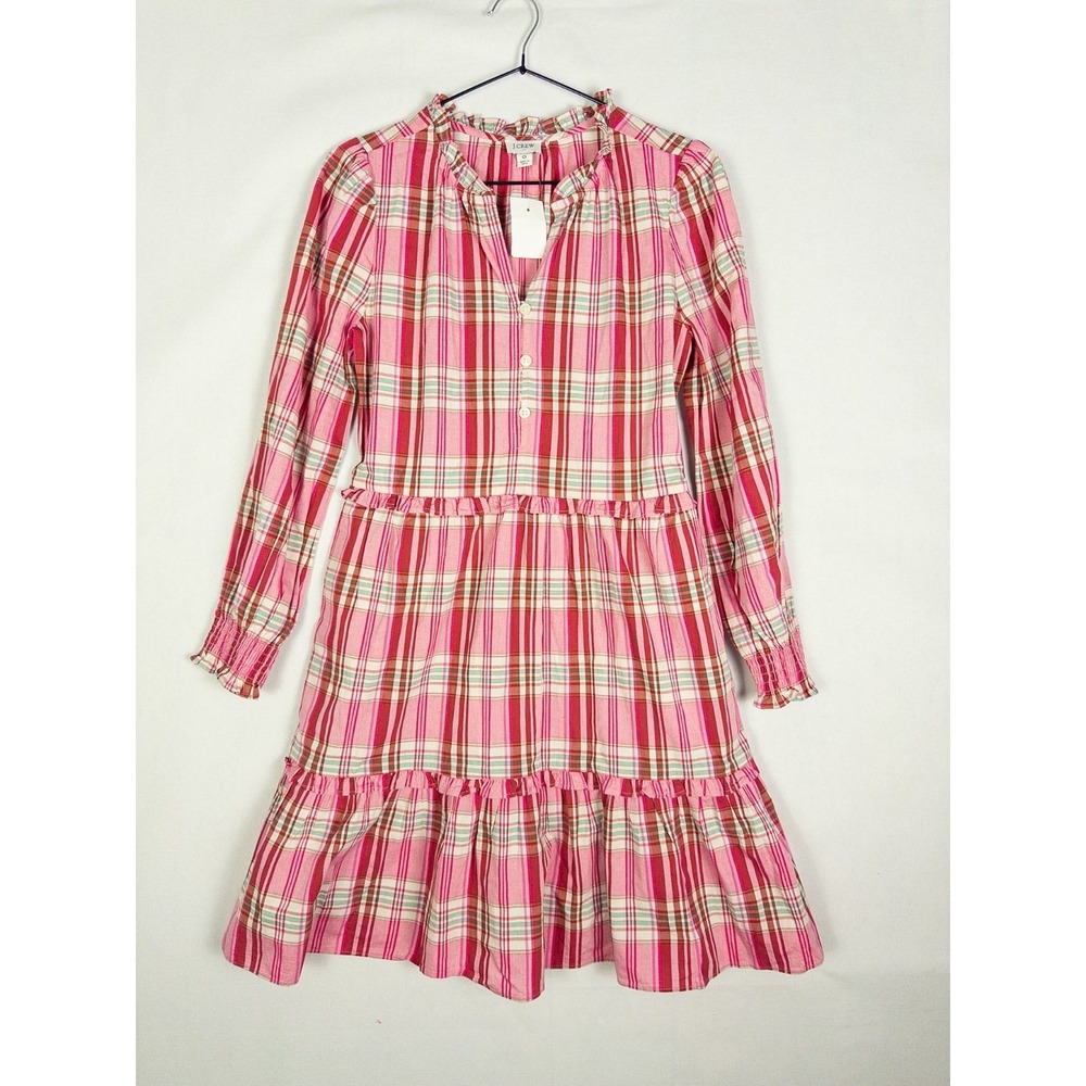 NWT J. Crew Womens Pink Red Plaid Long Sleeve Tiered Ruffle Mini Dress Smocked
